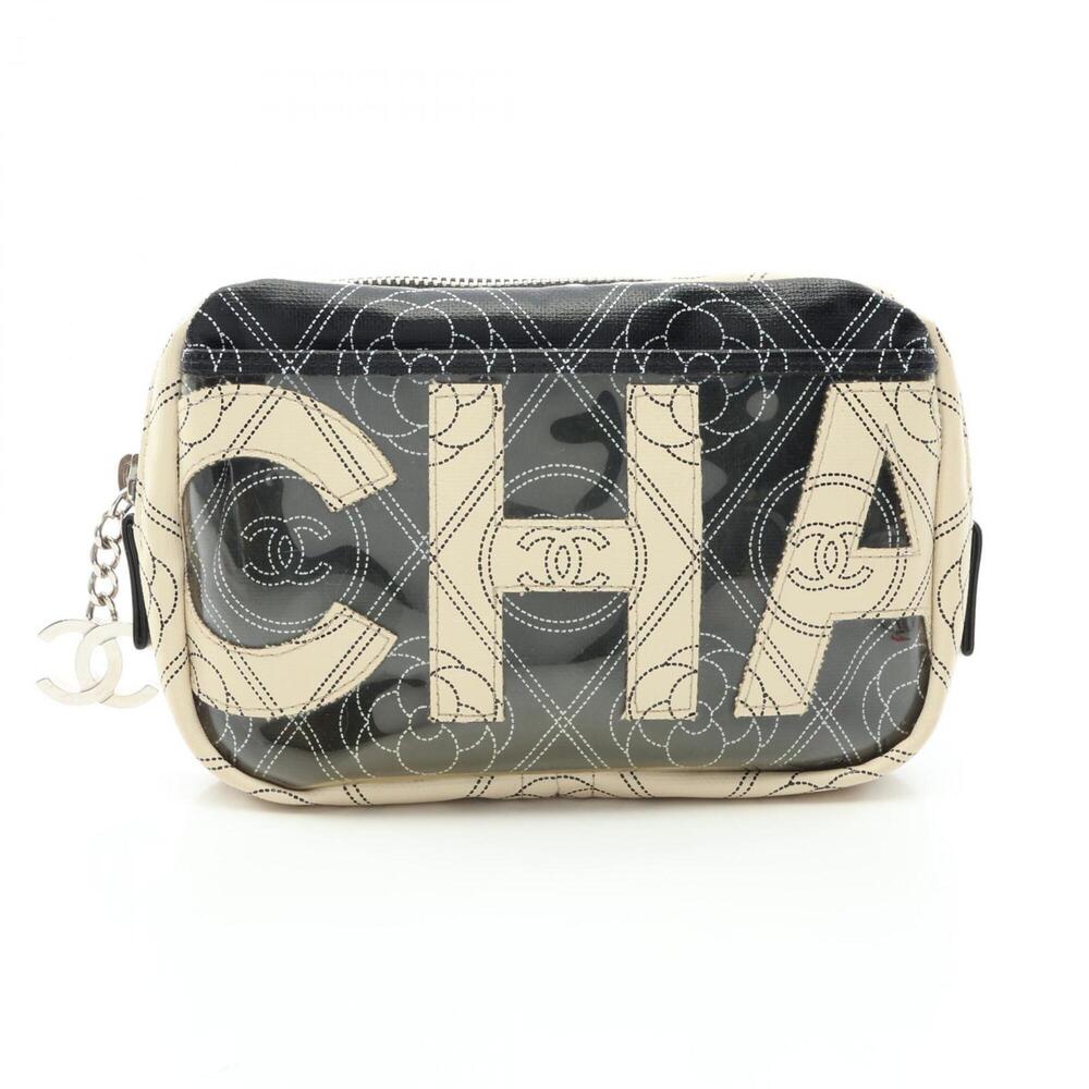 CHANEL Black Coated Canvas Logo Pouch